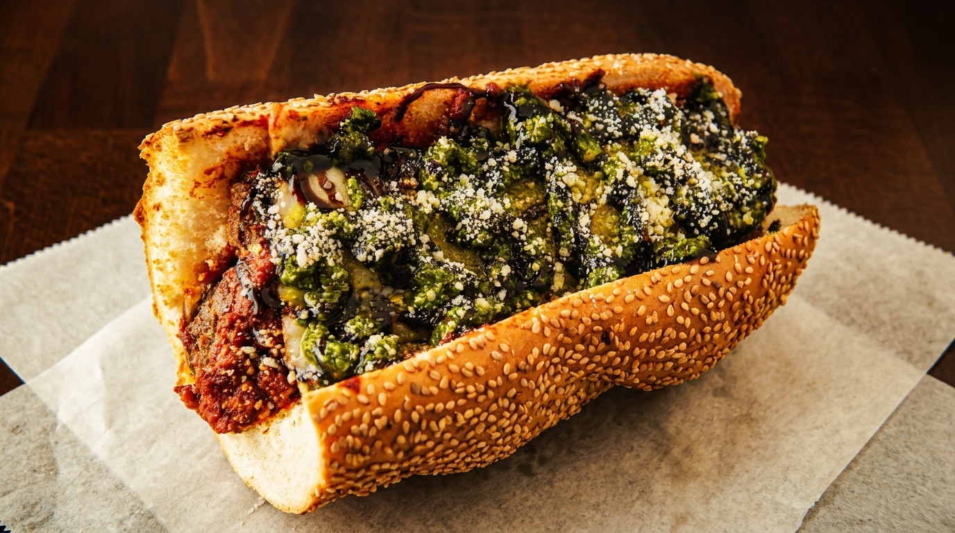 A large Italian sub sandwich with pesto, marinara, and parmesan cheese on a sesame seed bun.