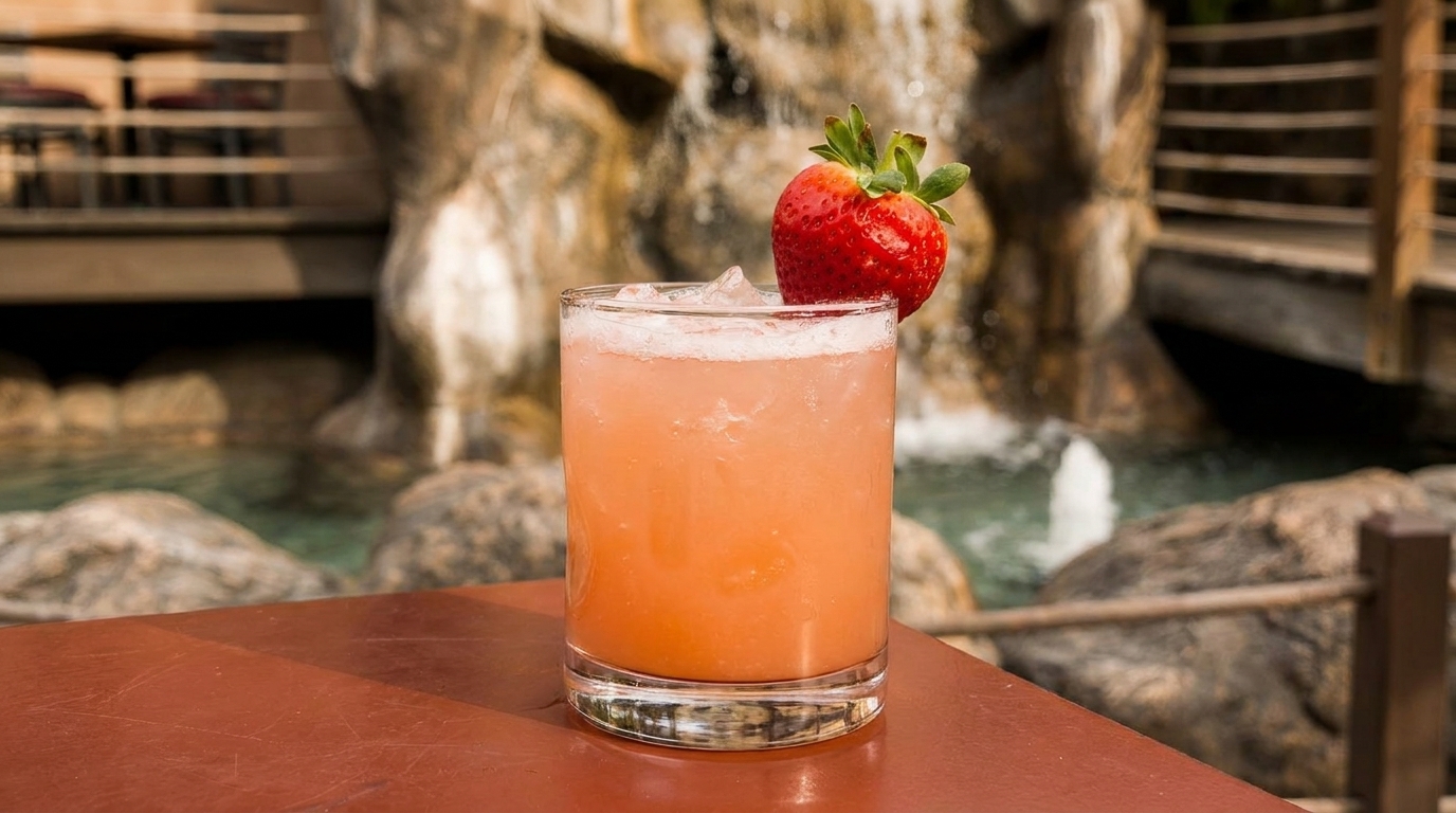 Pink cocktail with a strawberry garnish on a table, with a waterfall and bridge in the background.