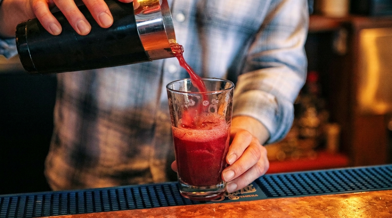 Bartender pouring a vibrant red cocktail from a shaker into a glass on a bar.