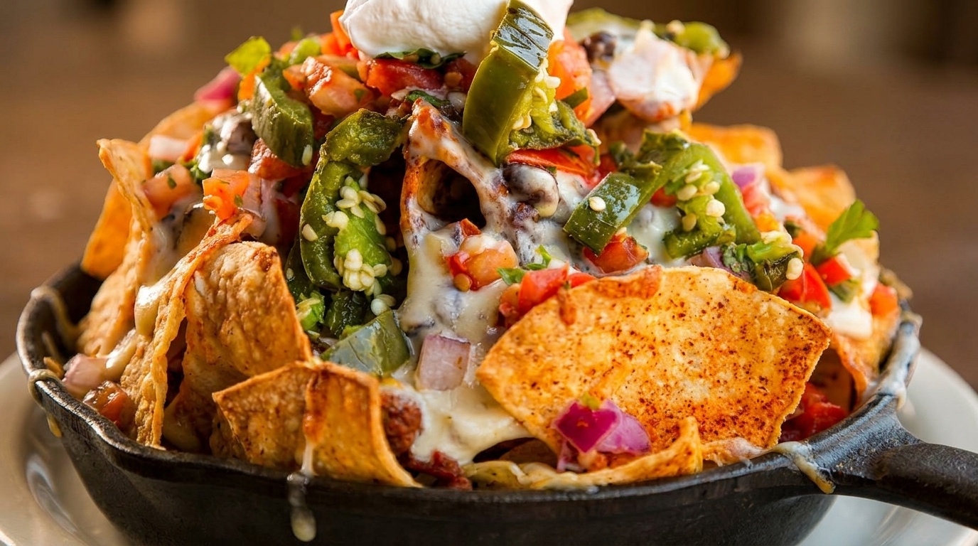 Loaded nachos in a cast iron skillet, topped with cheese, jalapeños, salsa, and sour cream.