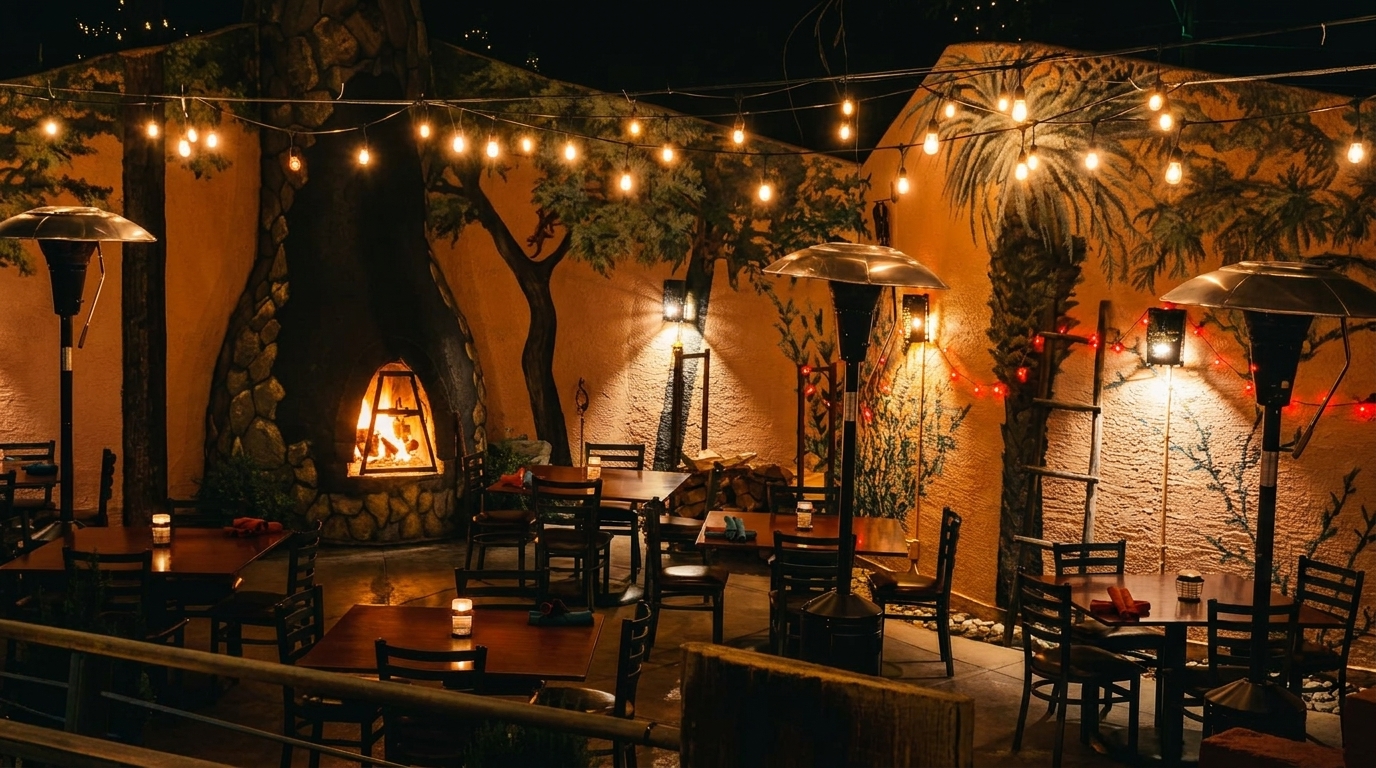 Cozy outdoor patio at night with string lights, heaters, and a stone fireplace.