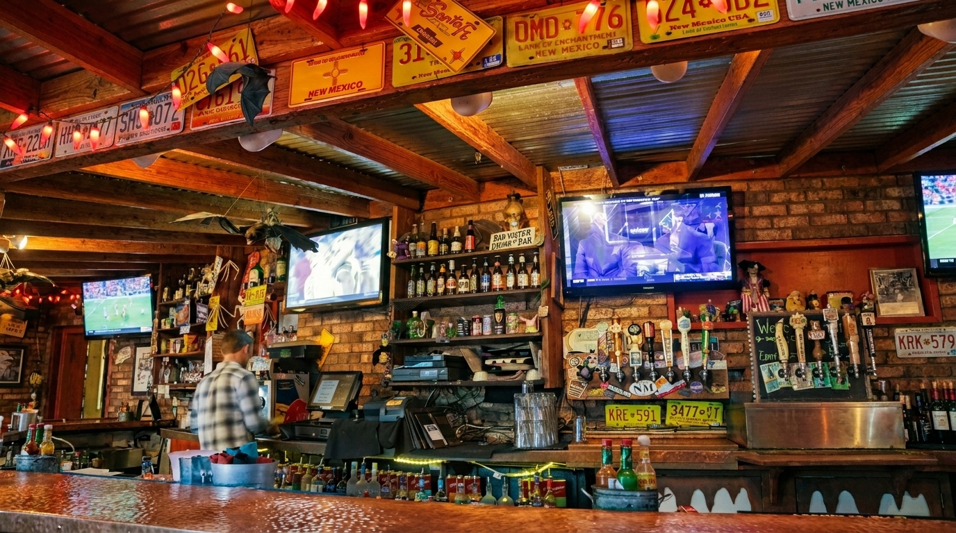 A rustic bar interior with a bartender, multiple TVs, beer taps, and license plates decorating the walls.