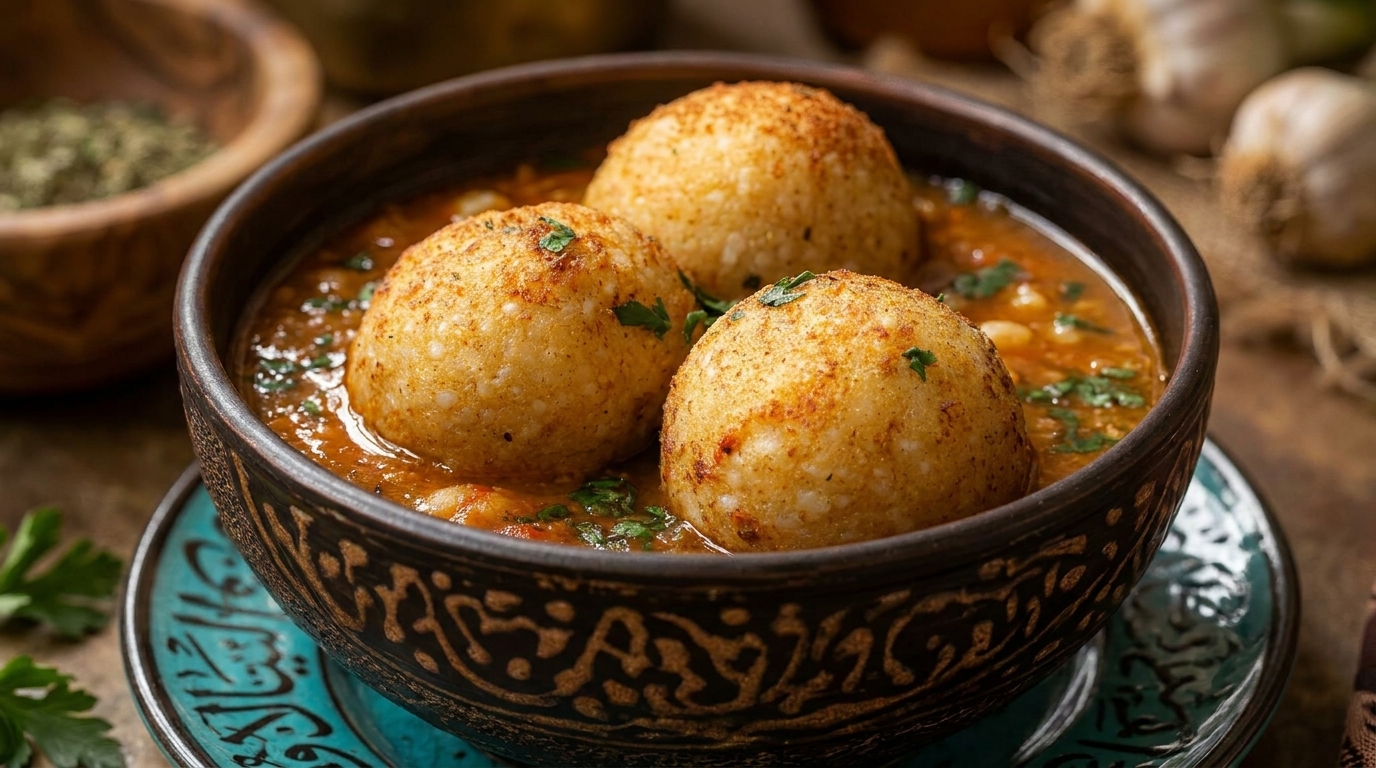 Three golden-brown kibbeh balls in a rich, savory stew, garnished with fresh parsley in an ornate bowl.