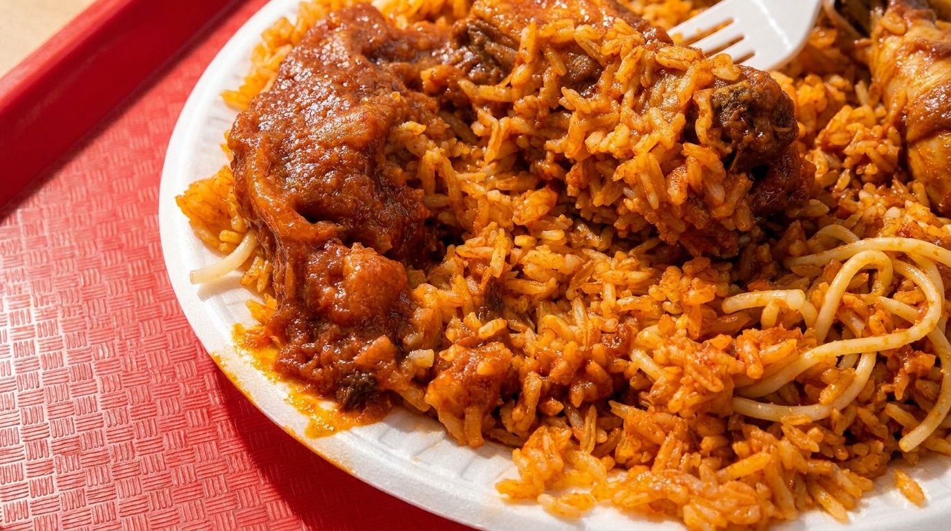 Close-up of jollof rice with chicken and spaghetti on a white plate with a red tray.