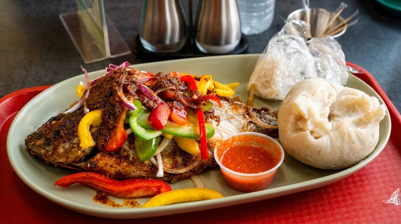 Grilled whole fish topped with colorful bell peppers and onions, served with fufu and sauce.