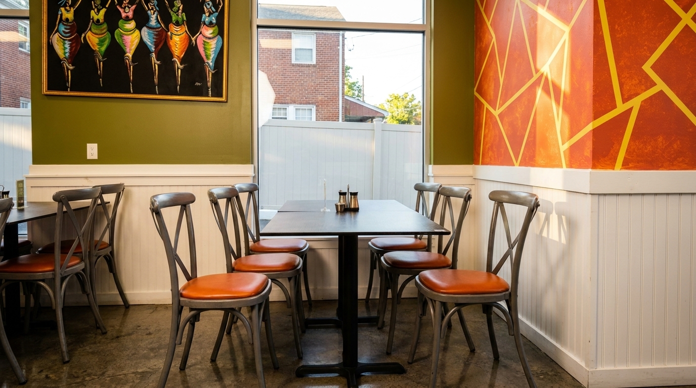 Restaurant interior with olive green and orange walls, a large window, and tables with chairs.