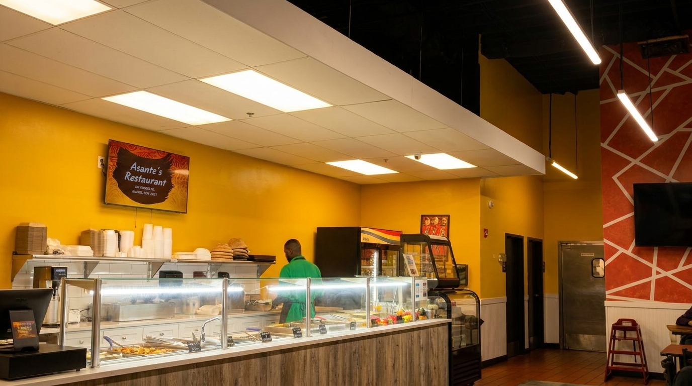 Interior of Asante's Restaurant with a food counter, a worker, and a menu screen on a yellow wall.