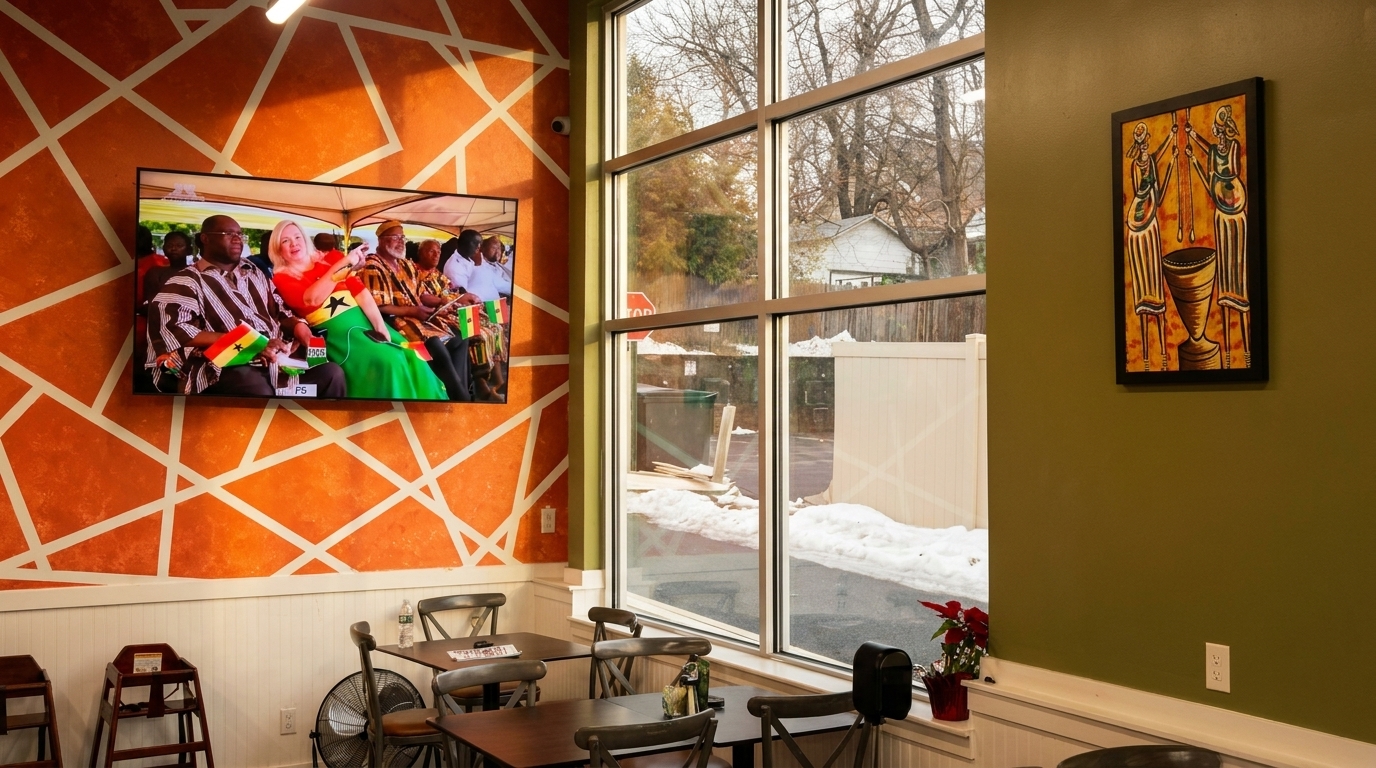 Restaurant interior with orange geometric wall, TV, large window, and tables with chairs.