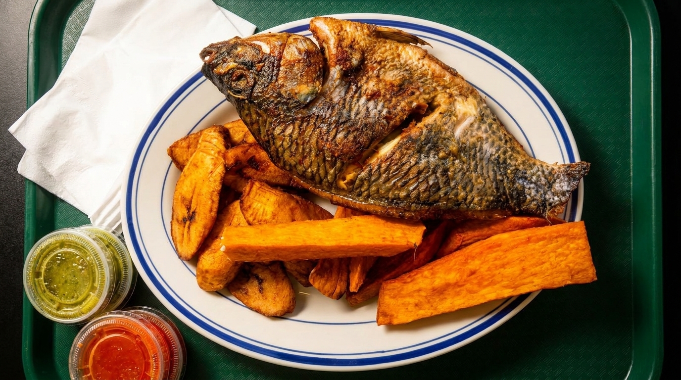 Whole fried fish with plantains and sweet potato fries, served with two sauces on a green tray.