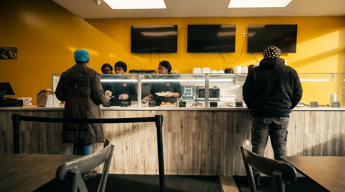 Customers order food from staff behind a counter with a yellow wall and monitors.