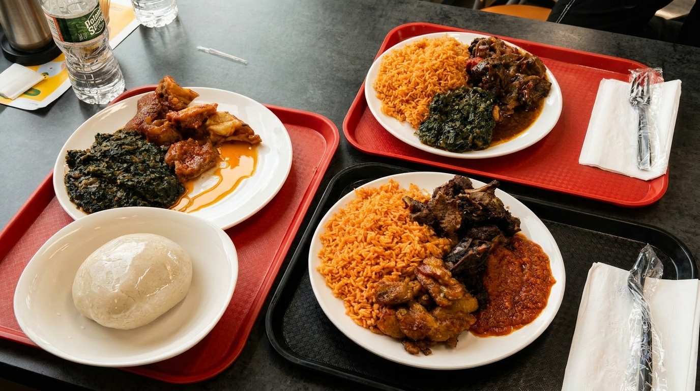 Three plates of West African food with jollof rice, stewed meat, and greens on trays.