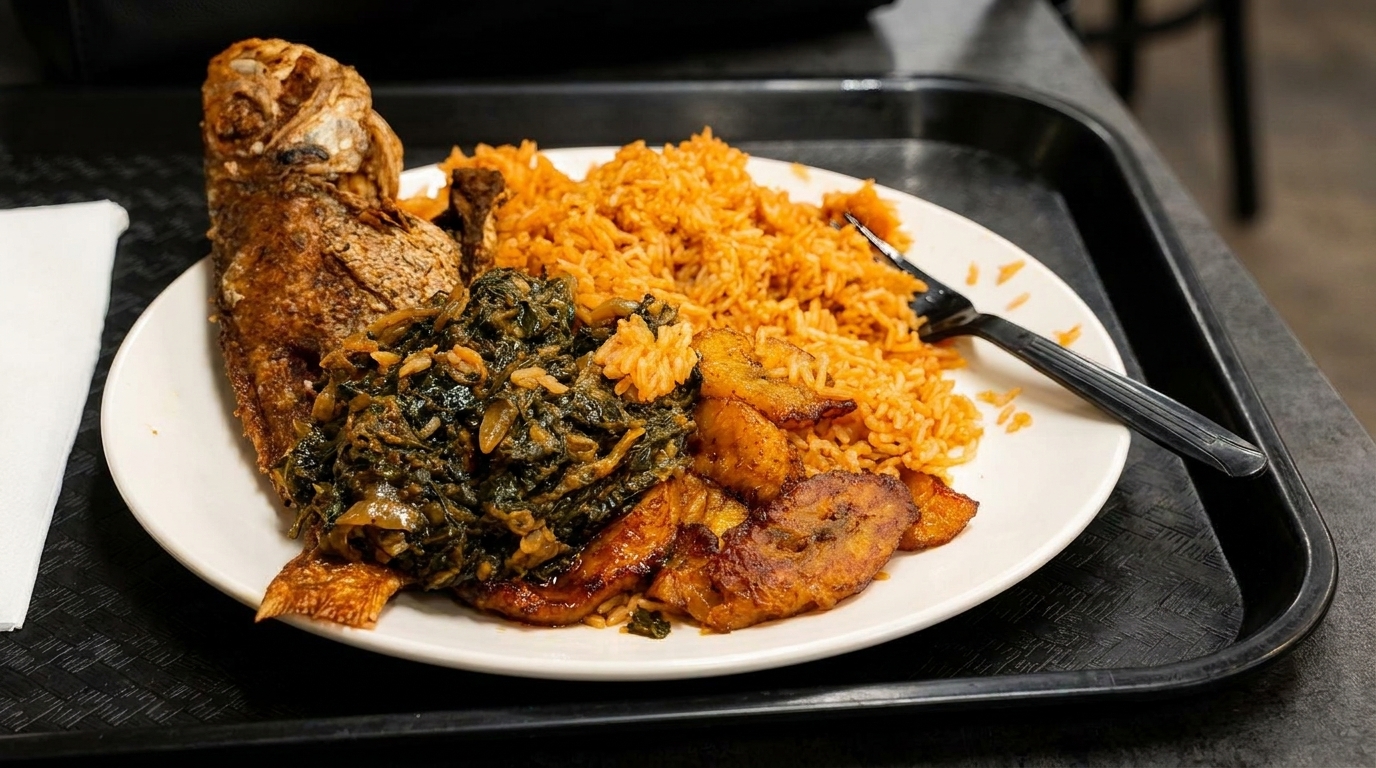 A plate of fried fish, jollof rice, stewed greens, and fried plantains on a black tray.