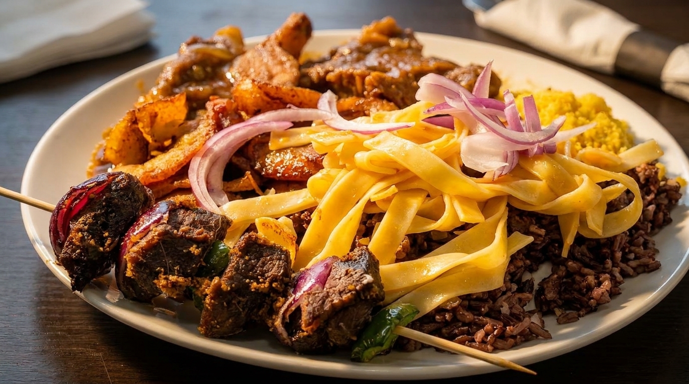 A plate of African cuisine with beef skewers, plantains, rice, noodles, and red onions.