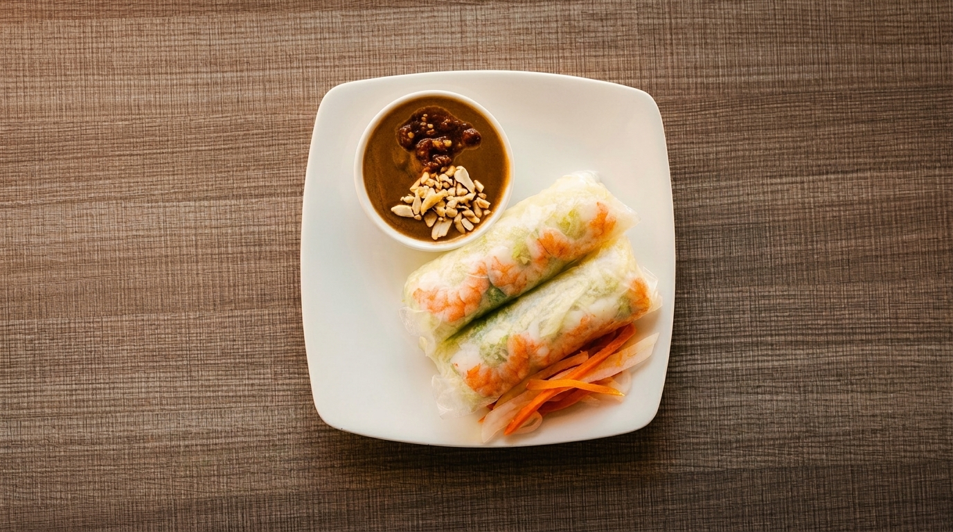 Two fresh spring rolls with shrimp and vegetables, served with peanut sauce on a white plate.