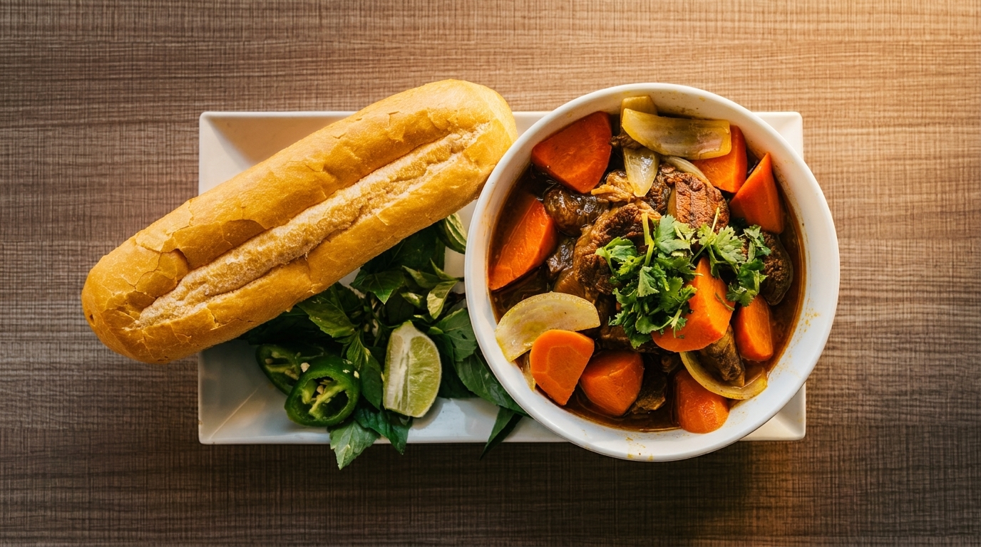 Bò Kho, a Vietnamese beef stew with carrots and onions, served with a baguette and herbs.
