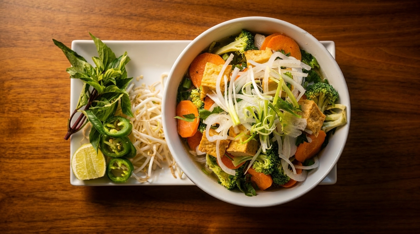 Vegetarian pho with tofu, broccoli, carrots, and onions, served with basil, bean sprouts, and lime.