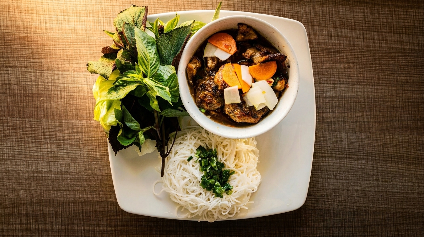Bun Cha with grilled pork, noodles, fresh herbs, and pickled vegetables on a white plate.