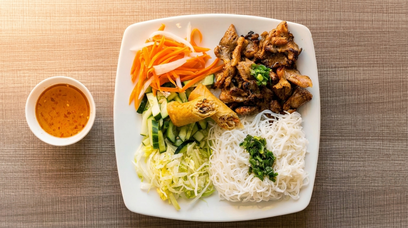 Vietnamese vermicelli bowl with grilled pork, spring rolls, fresh vegetables, and a side of sauce.