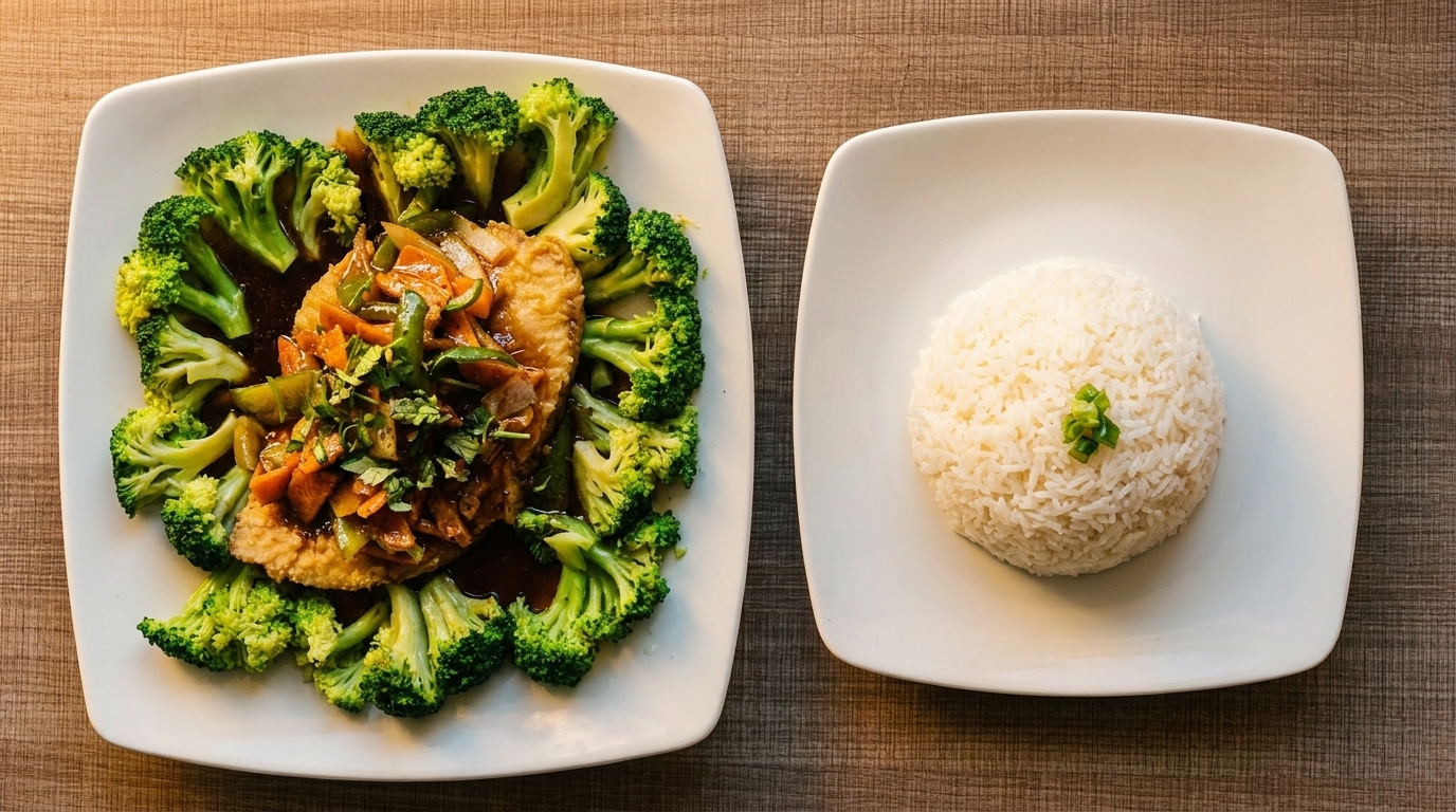 Crispy fish with stir-fried vegetables and broccoli, served with a side of white rice.