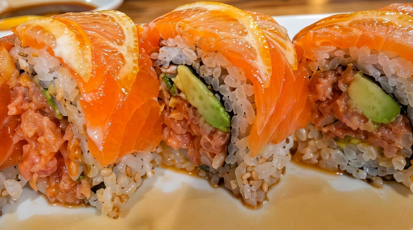 Close-up of three salmon sushi rolls with avocado, topped with thin orange slices, on a white plate.