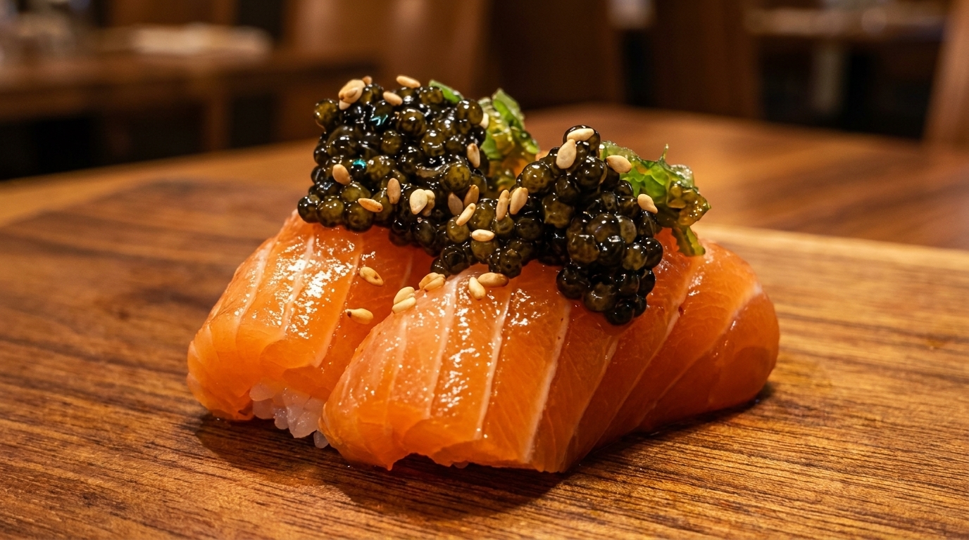 Two pieces of salmon nigiri sushi topped with black caviar, sesame seeds, and seaweed on a wooden board.