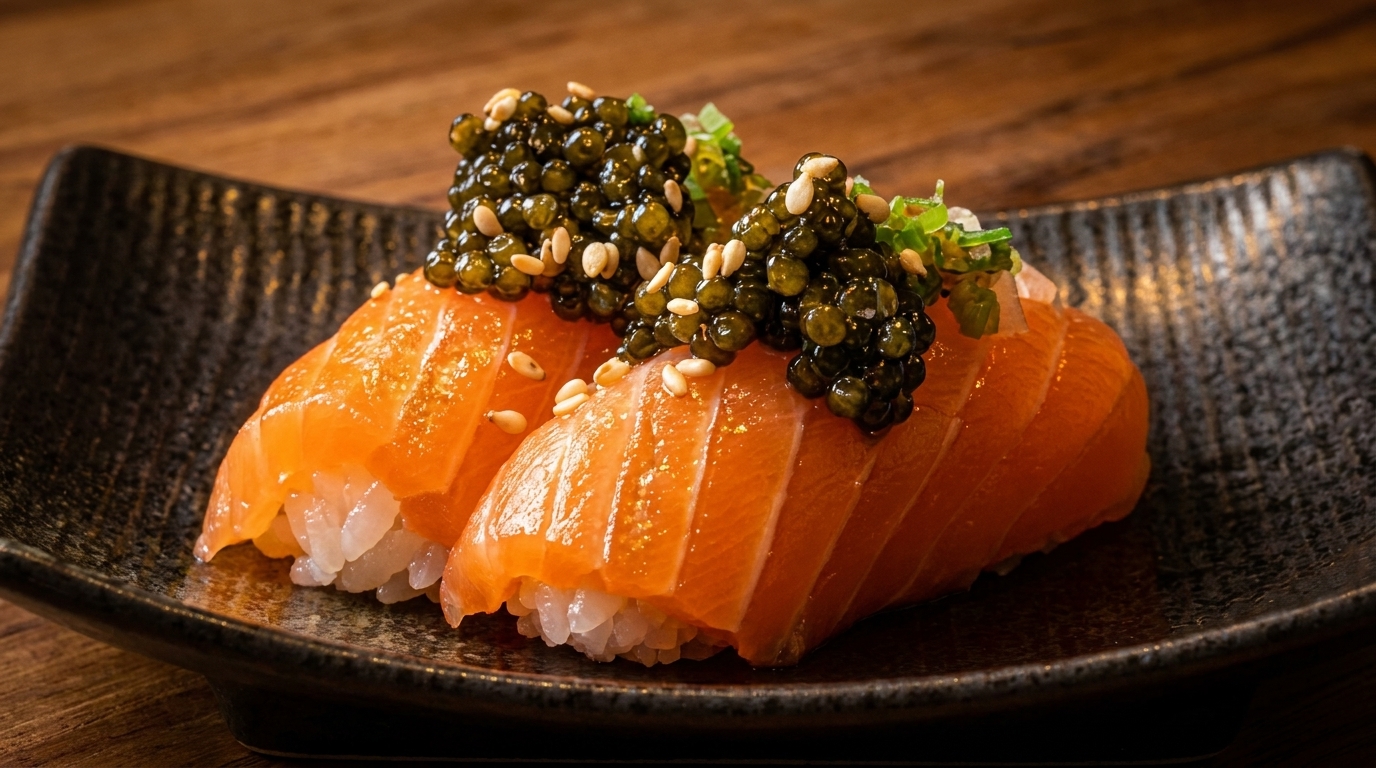 Two pieces of salmon nigiri sushi topped with black caviar, sesame seeds, and green garnish.