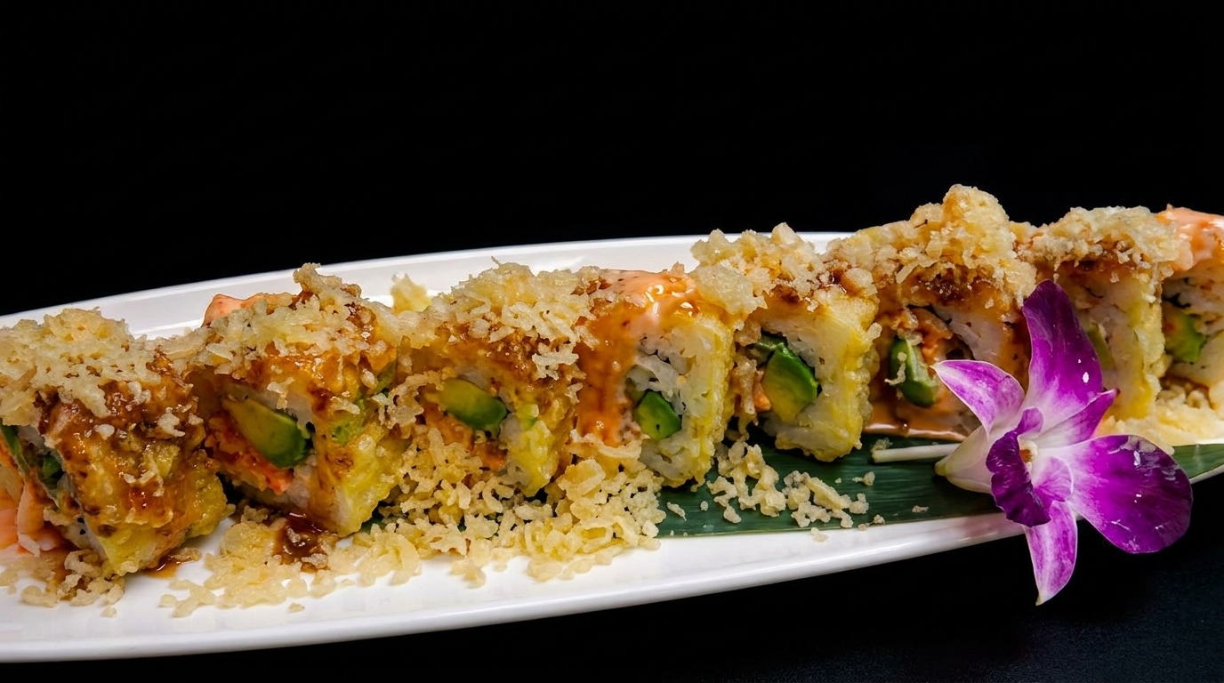 Crispy sushi rolls with avocado, sauce, and tempura flakes, garnished with a purple orchid.