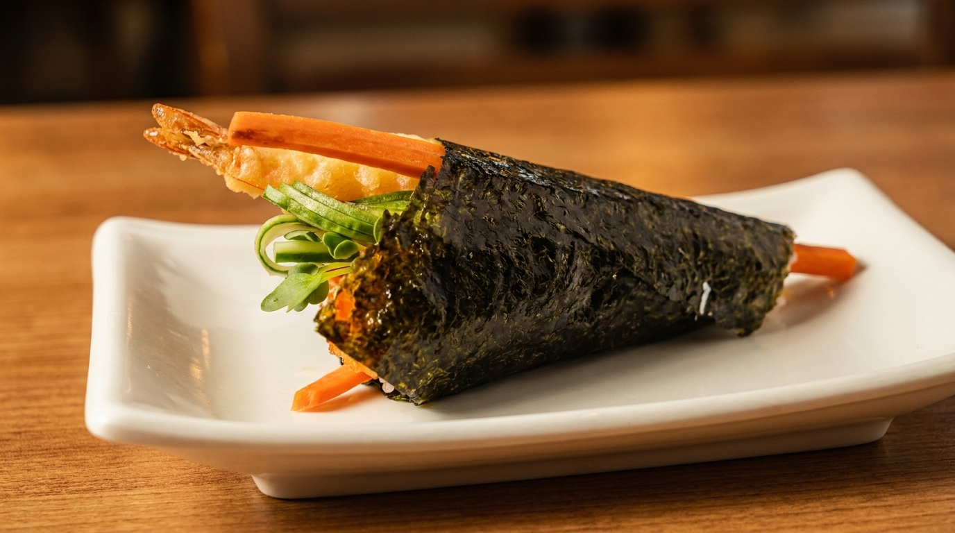 Tempura shrimp and vegetable hand roll, wrapped in nori, on a white rectangular plate.