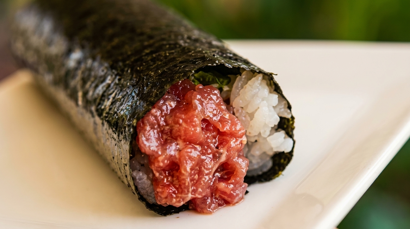 Close-up of a hand roll with minced tuna, rice, and seaweed on a white plate.