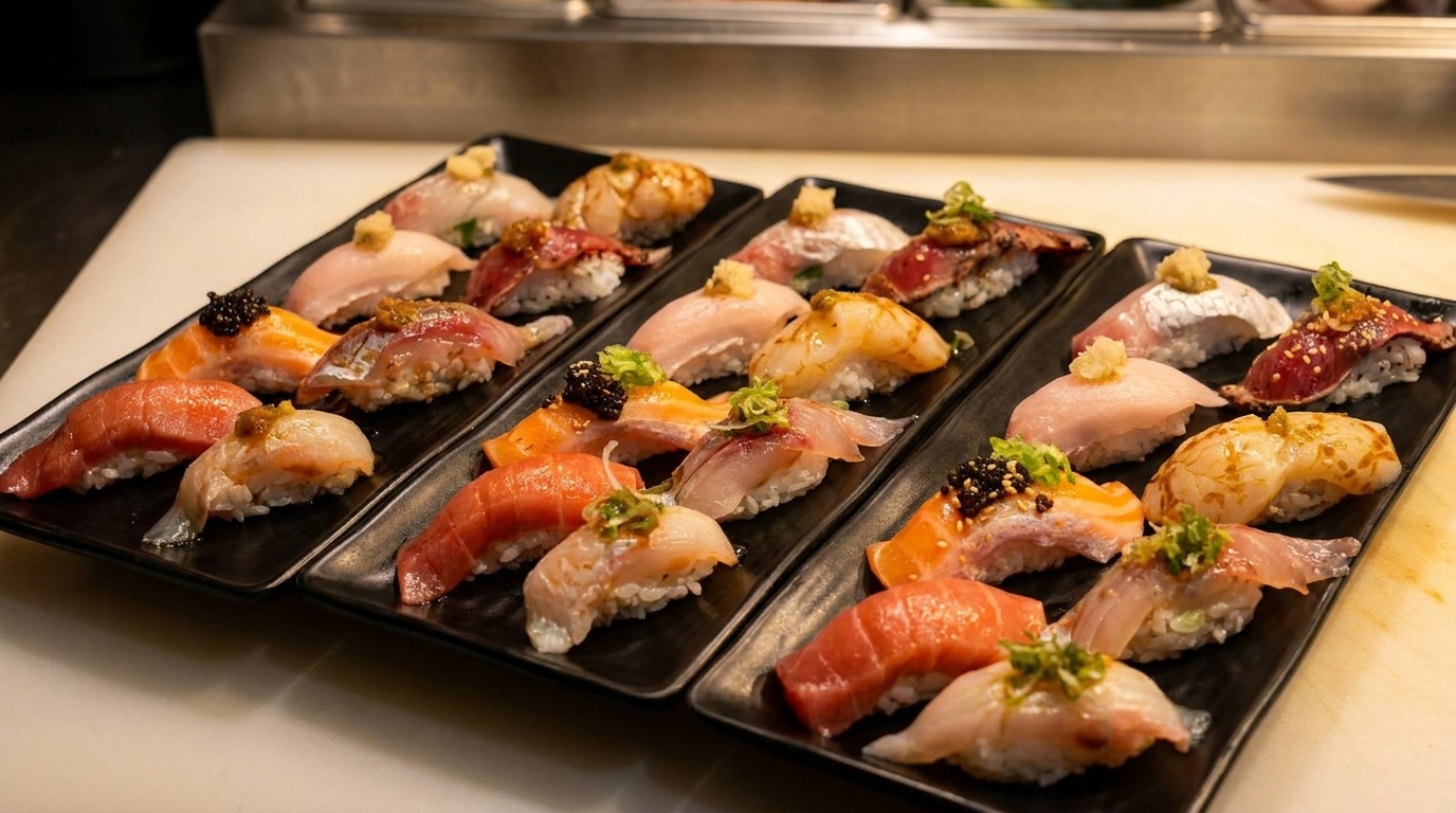Three black rectangular plates filled with various types of nigiri sushi on a white counter.