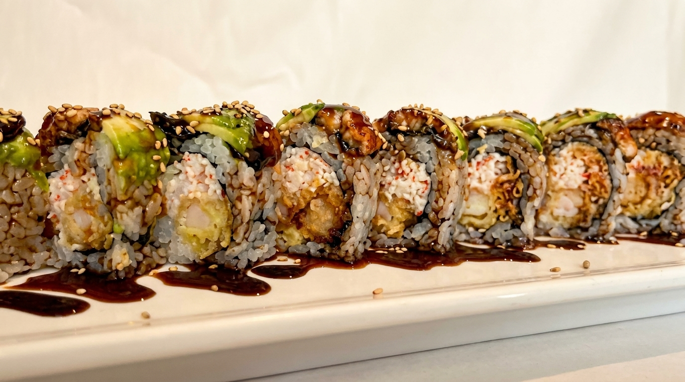 Sushi roll with tempura shrimp, avocado, crab, eel sauce, and sesame seeds on a white plate.