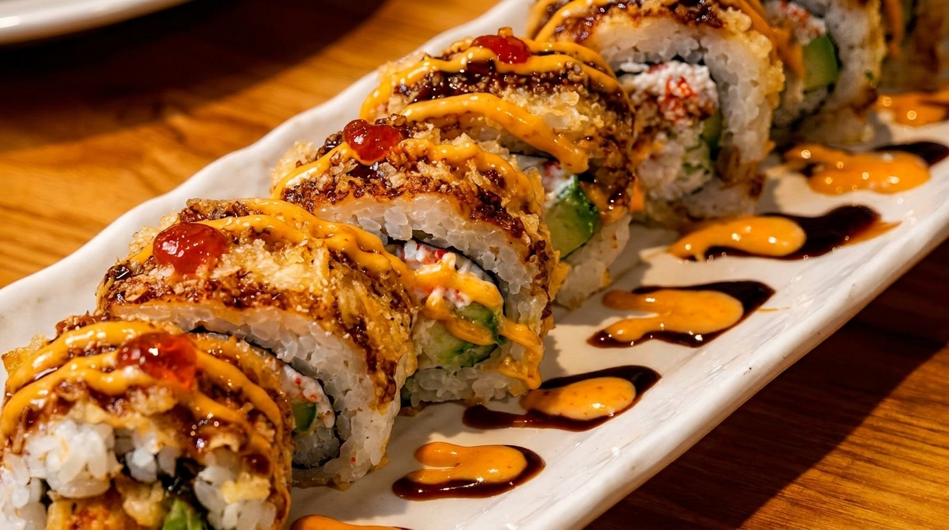 Close-up of a sushi roll with crispy topping, orange sauce, and red roe on a white plate.