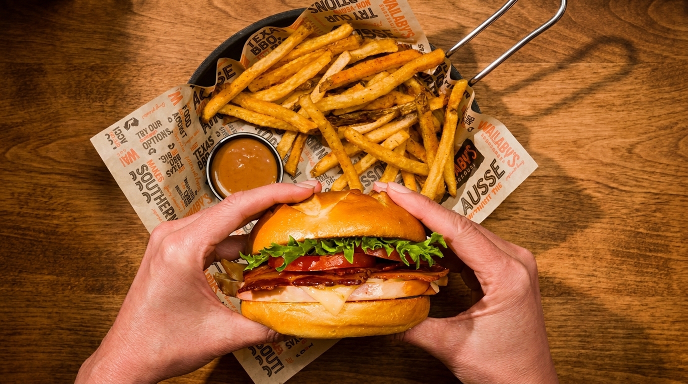 Hands holding a chicken and bacon burger with fries and dipping sauce on a wooden table.