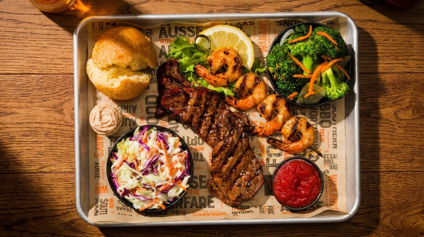 Grilled steak and shrimp platter with broccoli, coleslaw, bread, and sauce on a metal tray.