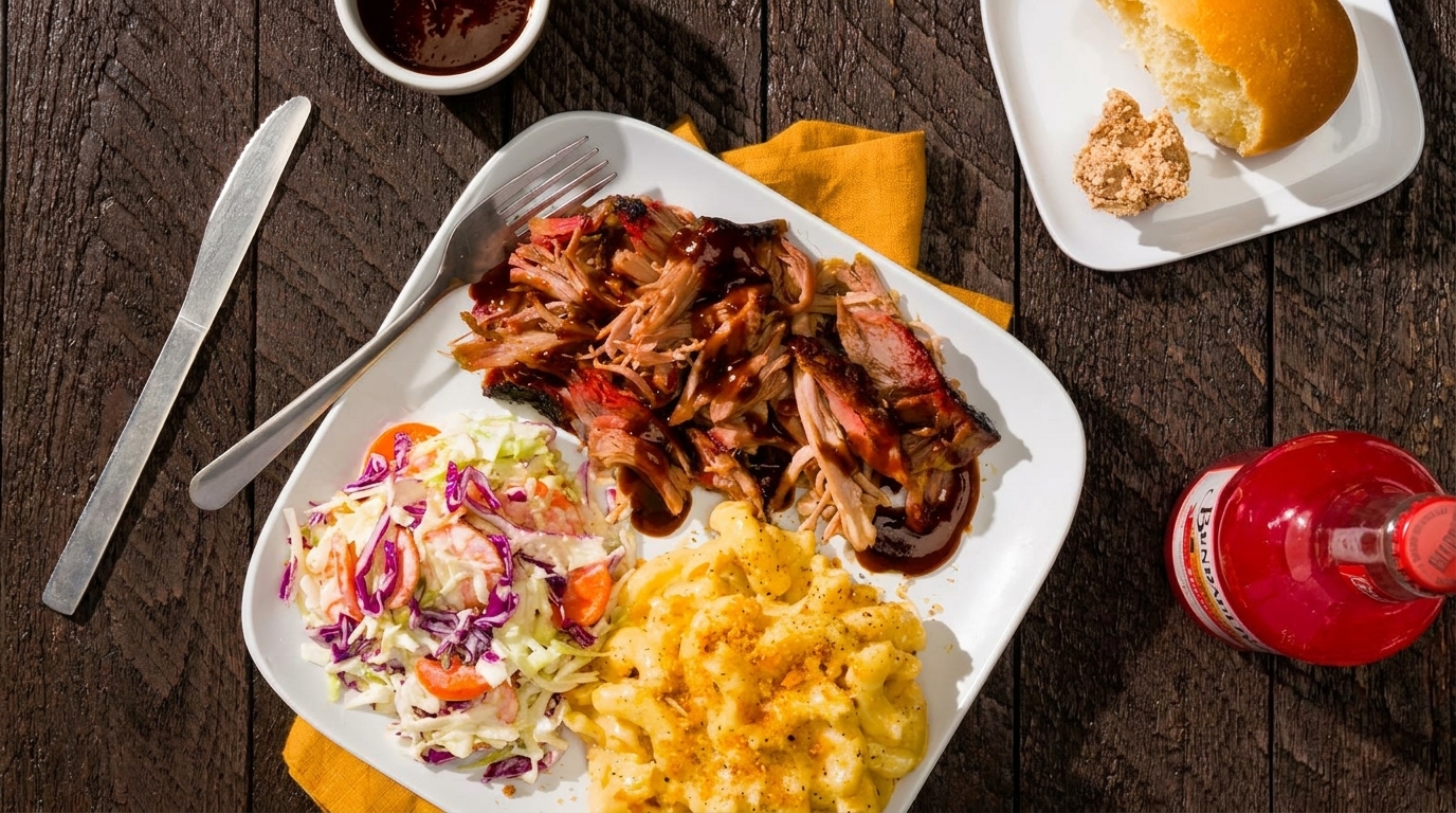 Pulled pork with BBQ sauce, coleslaw, mac and cheese, and a roll on a wooden table.