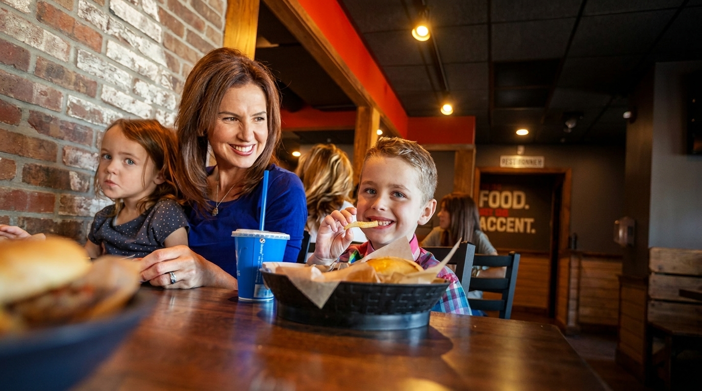 A family of three, a mother and two children, enjoying a meal at a restaurant.