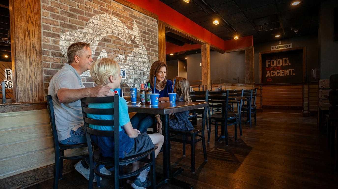 A family of four sits at a table in a restaurant with brick walls and wooden floors.