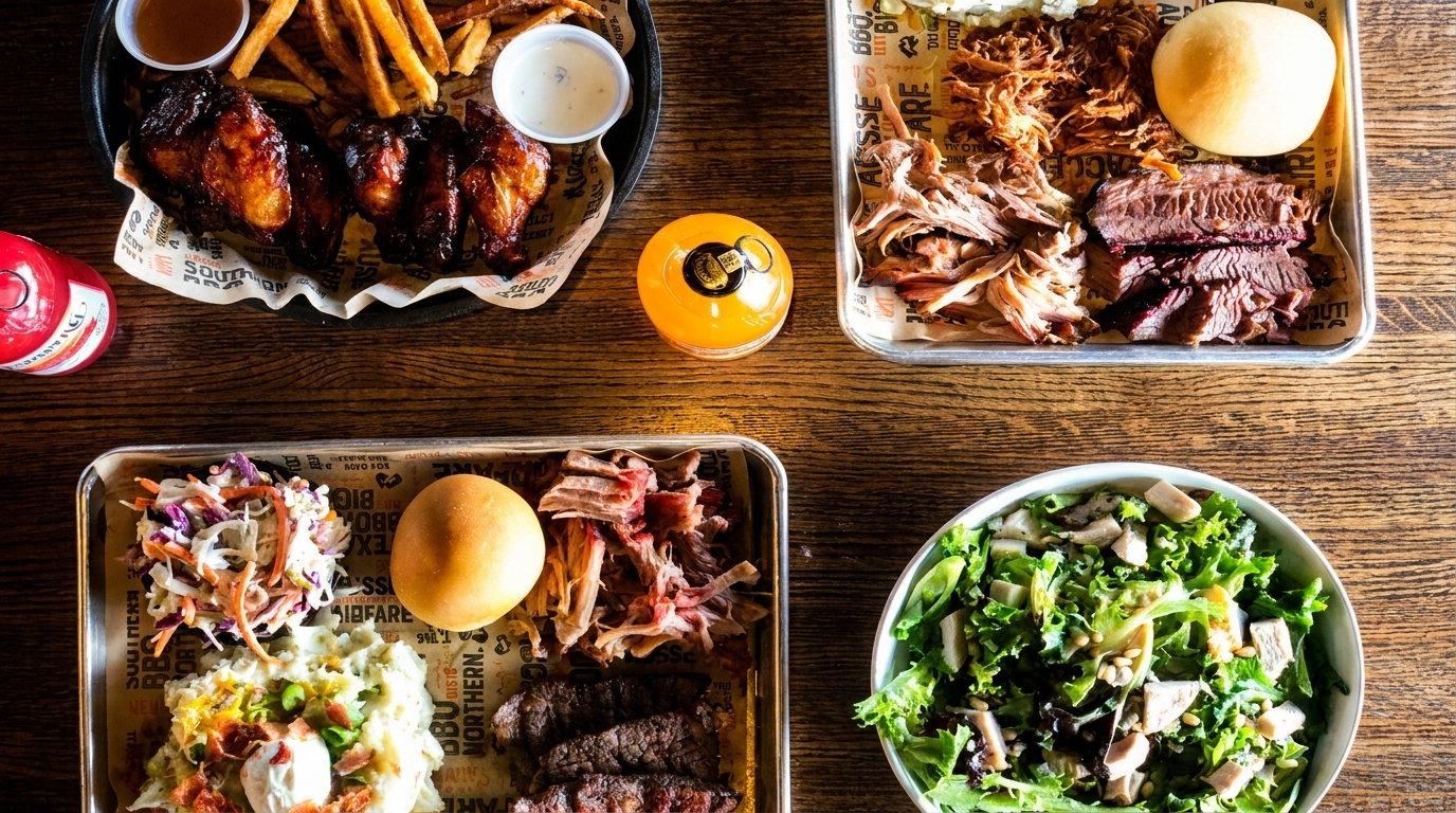 Overhead view of various barbecue dishes, including ribs, pulled pork, brisket, fries, and salad.