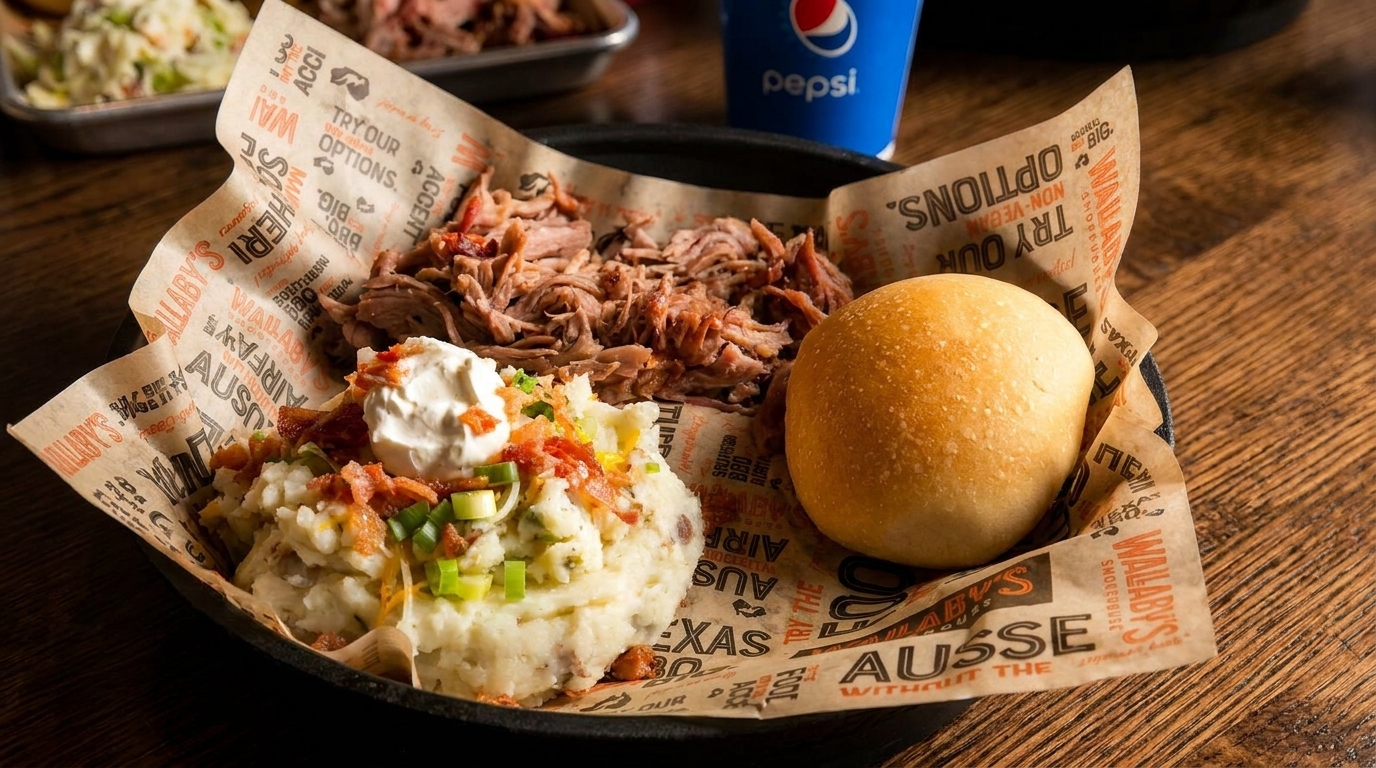 Pulled pork, mashed potatoes with toppings, and a dinner roll served on branded paper.