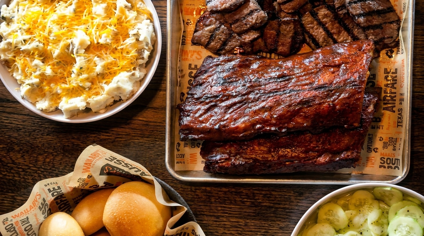 A platter of grilled ribs and steak, with sides of mashed potatoes, rolls, and cucumber salad.