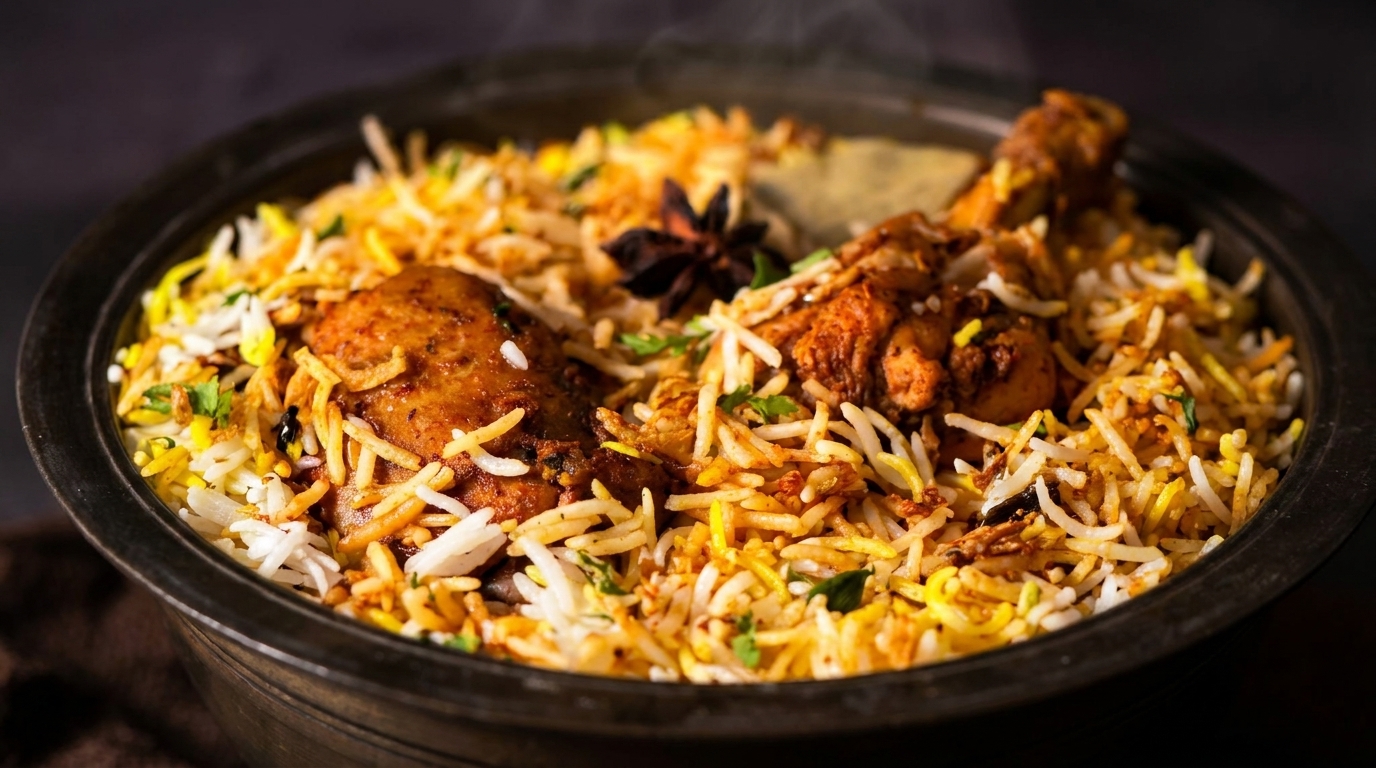 Close-up of chicken biryani with rice, chicken pieces, and spices in a dark pot.