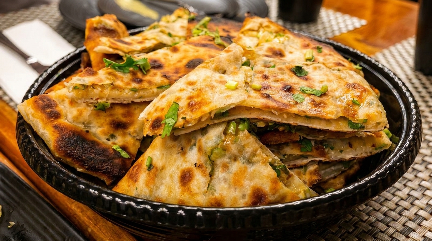 A black bowl filled with golden-brown scallion pancakes, cut into triangular pieces and garnished with herbs.