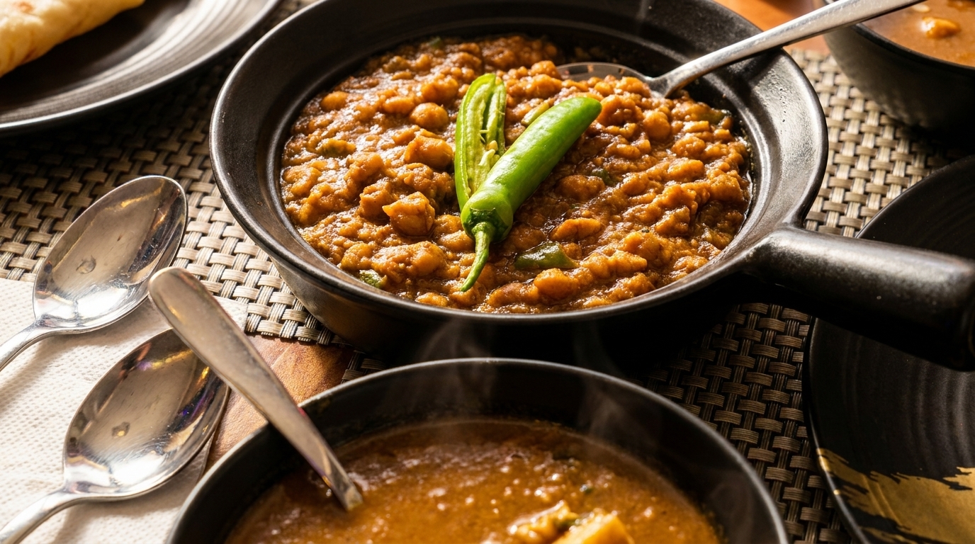 Close-up of two bowls of Indian curry, one with green chilies, on a woven placemat.