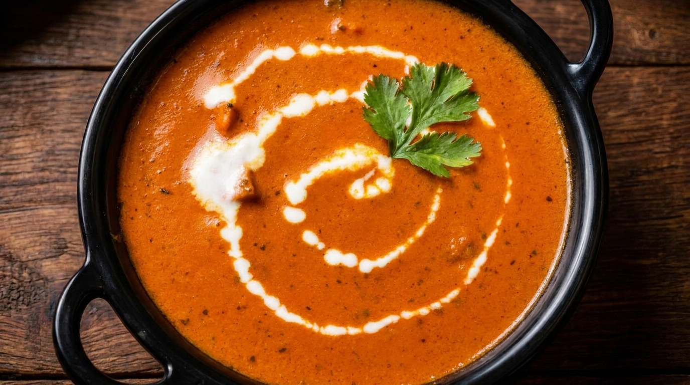 A black bowl of vibrant orange butter chicken curry, swirled with cream and garnished with cilantro.