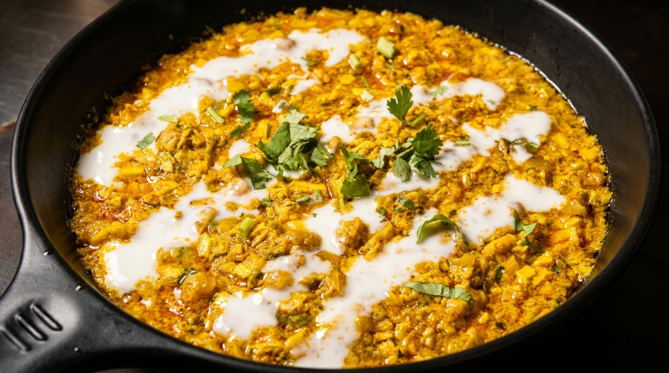 Close-up of a skillet filled with yellow curry, drizzled with white cream and garnished with cilantro.