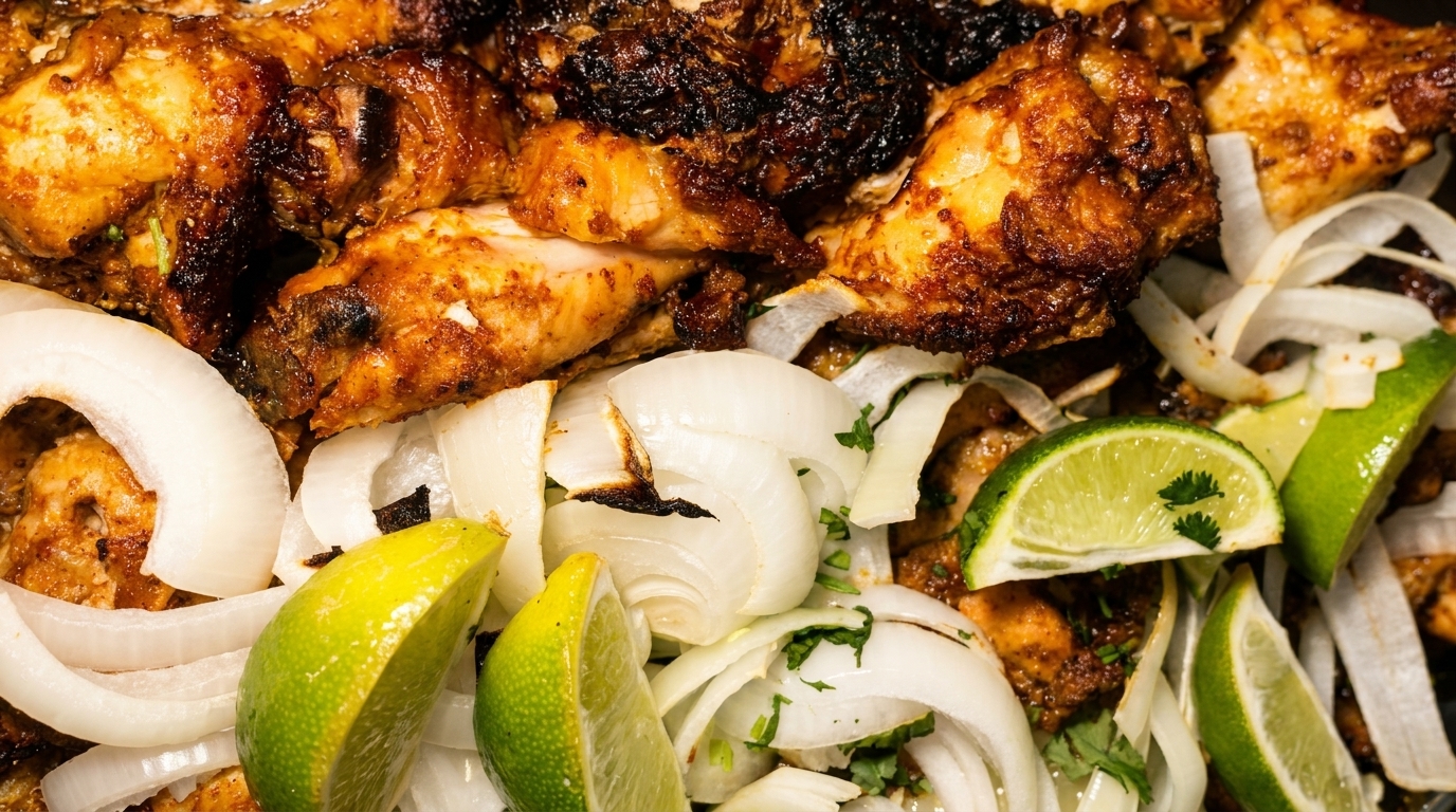 Close-up of grilled chicken pieces with charred skin, sliced white onions, and lime wedges.
