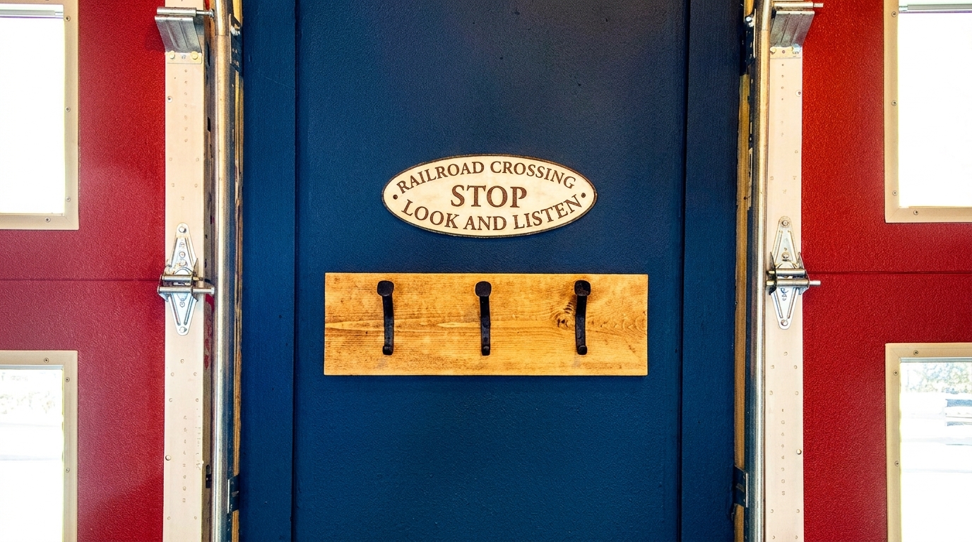 A blue door with a "Railroad Crossing Stop Look and Listen" sign and a wooden coat rack.
