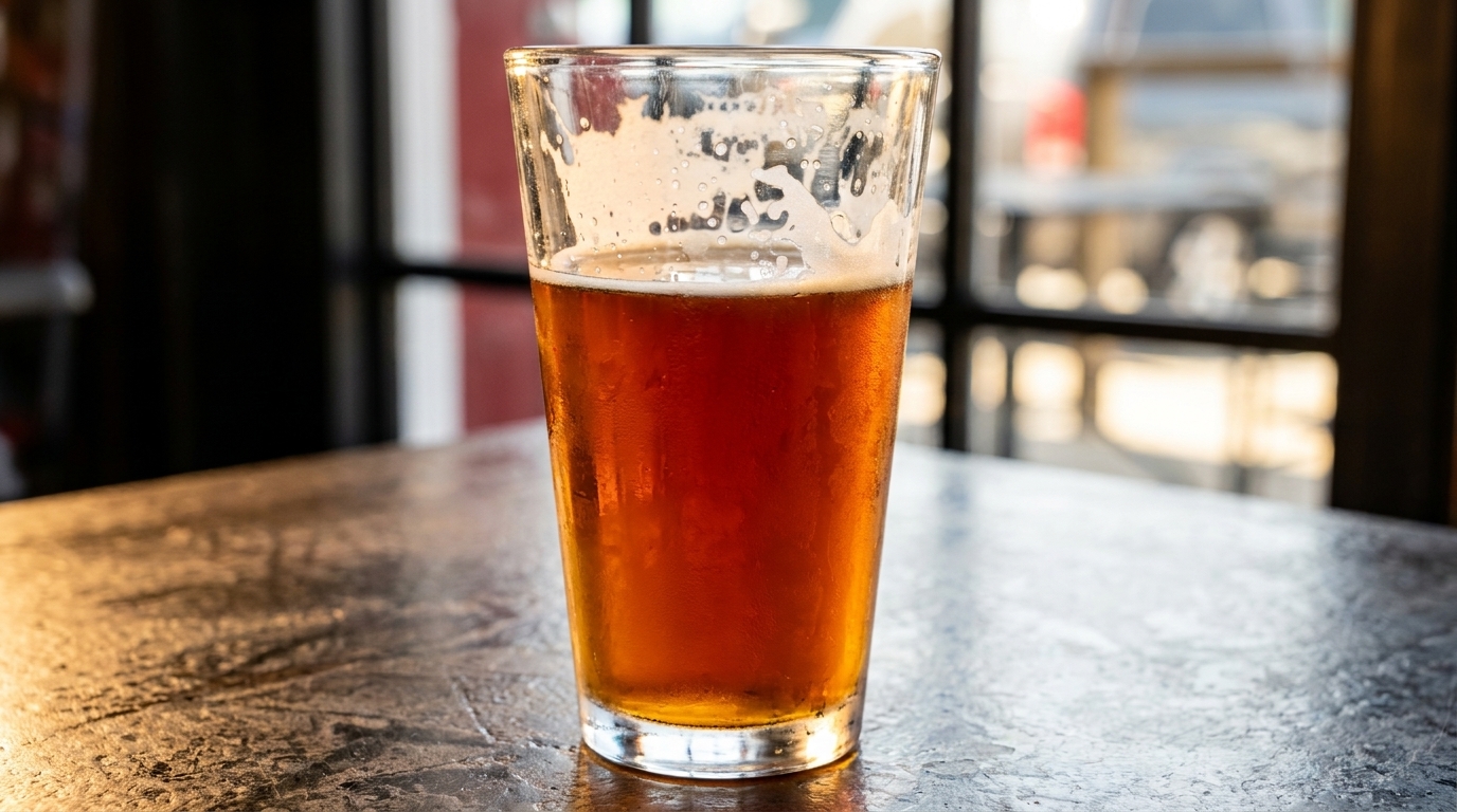A pint glass of amber beer with condensation sits on a dark, textured table.