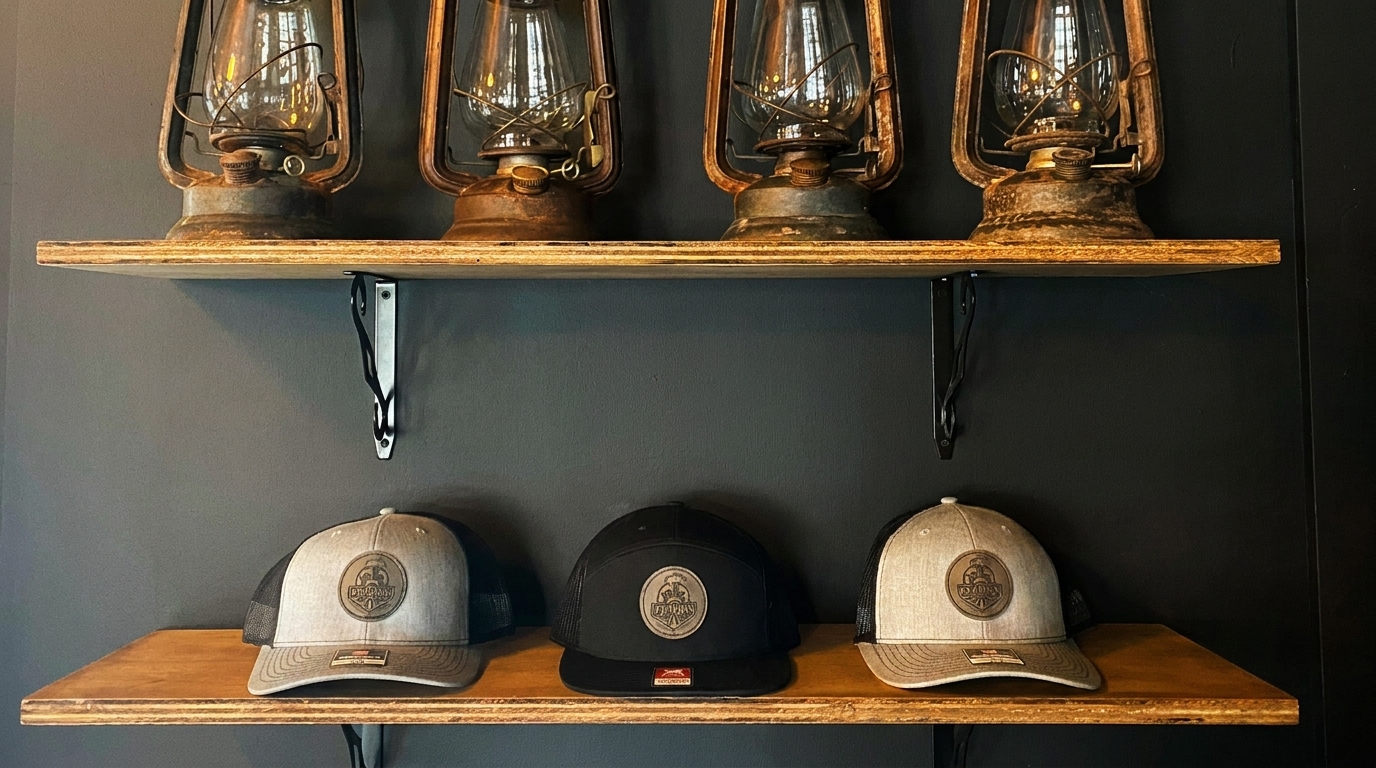 Four vintage lanterns on a top shelf and three branded hats on a lower shelf against a dark wall.
