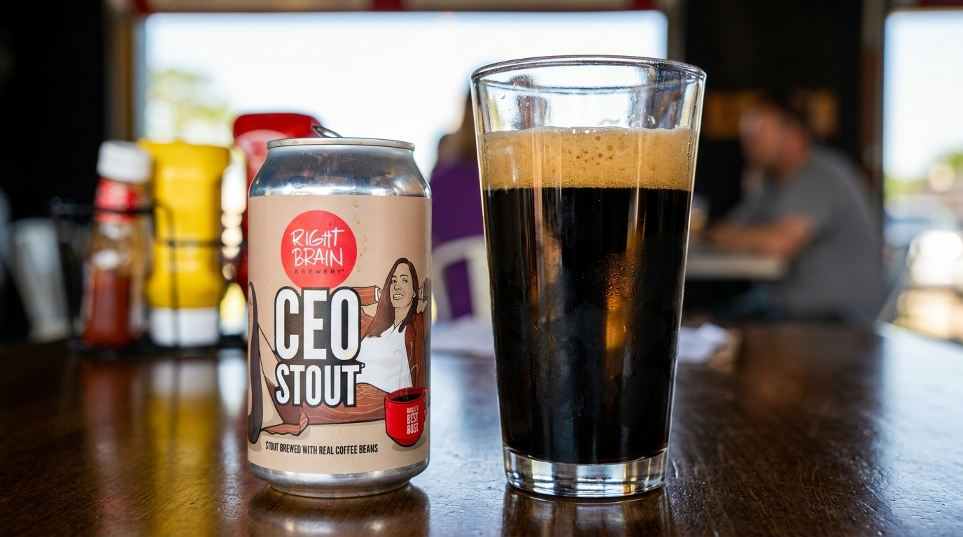 A can of Right Brain Brewery CEO Stout next to a full glass of dark beer on a wooden table.